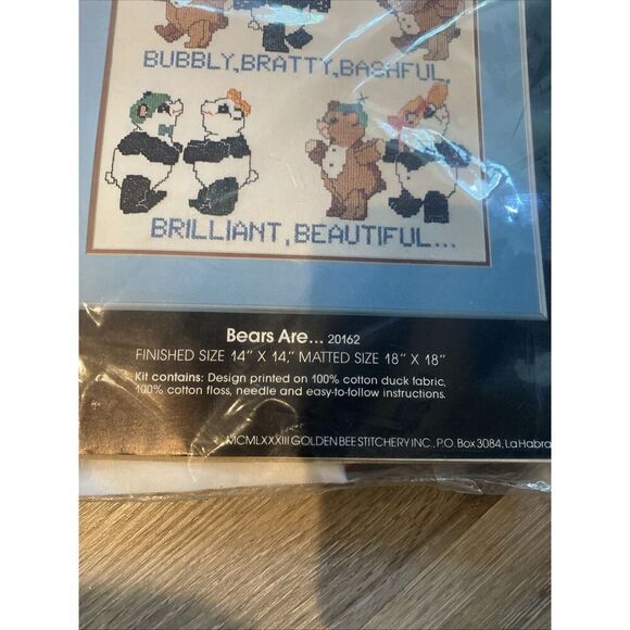 Golden Bee Stamped Cross Stitch Kit 20162 Bears Are 14x14 Teddy Panda Hat 1983 - Picture 2 of 4